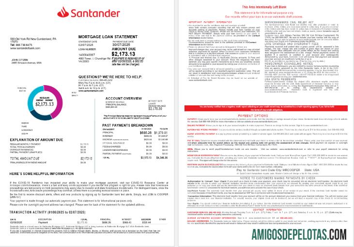 Extrato de empréstimo hipotecário do Banco Santander dos EUA em formatos Word e PDF (2) baixar para verificação
